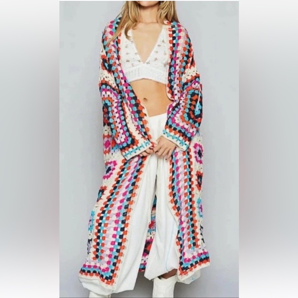 🕓 POL | Crochet Granny Square Duster Kimono Sleeve | Multi | OS - Picture 2 of 9
